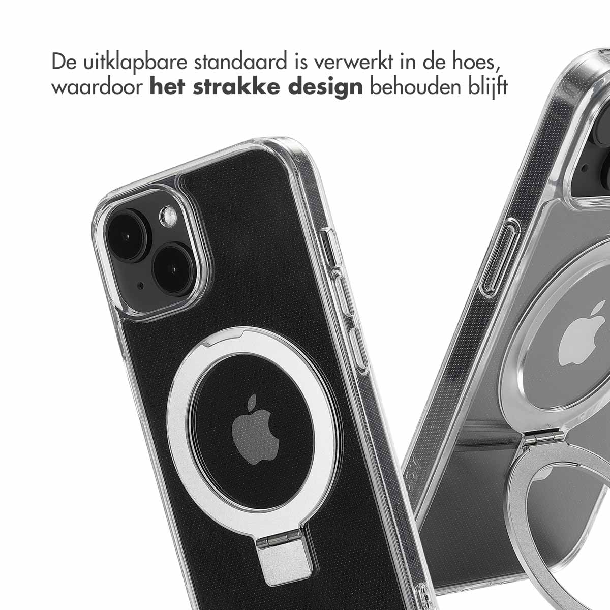 Due custodie trasparenti per telefono con anello magnetico. Uno è attaccato a un telefono. Sfondo nero.