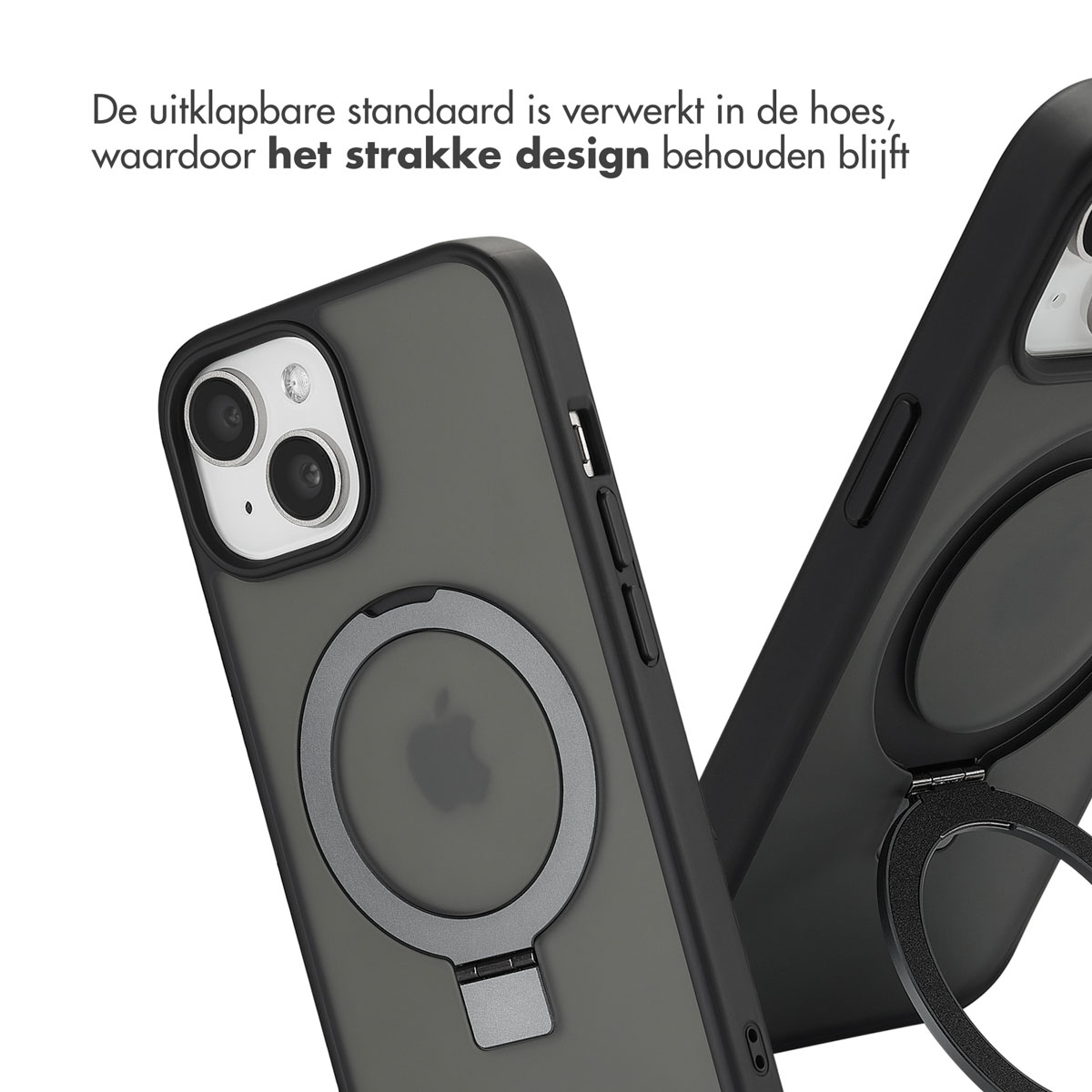 Two phones in cases. One has a ring on the back, the other has a stand.