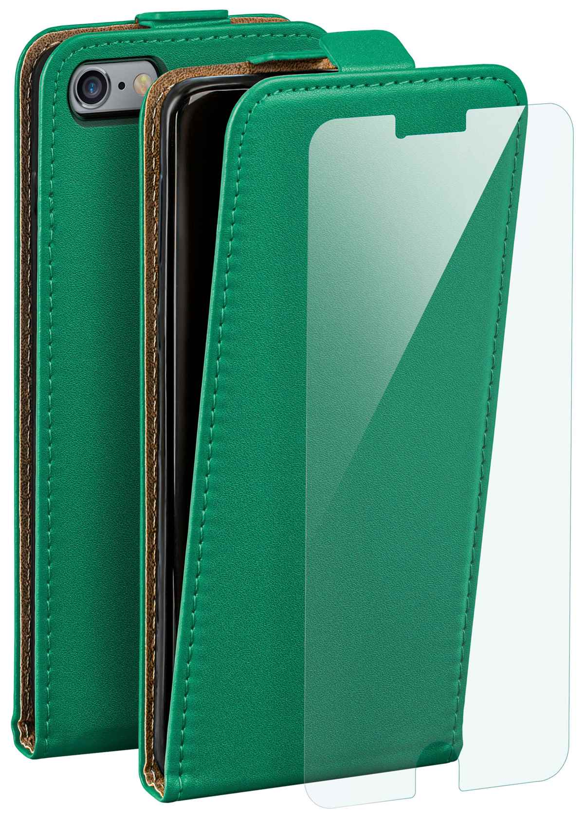 Grüne Leder-Handyhülle offen, mit Handy und Displayschutzfolie daneben.