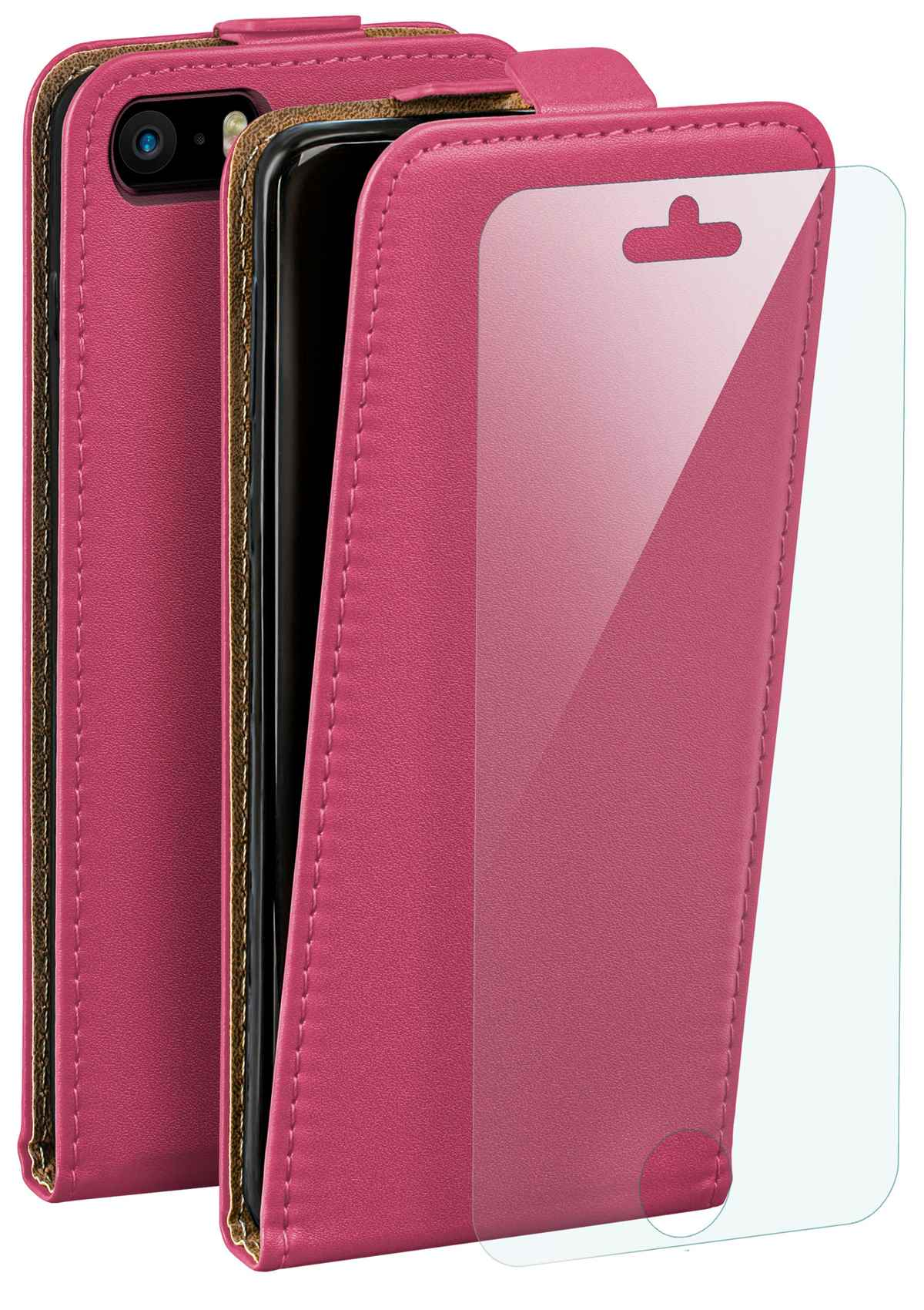 Rosa Leder-Handyhülle mit Telefon und klarer Displayschutzfolie.