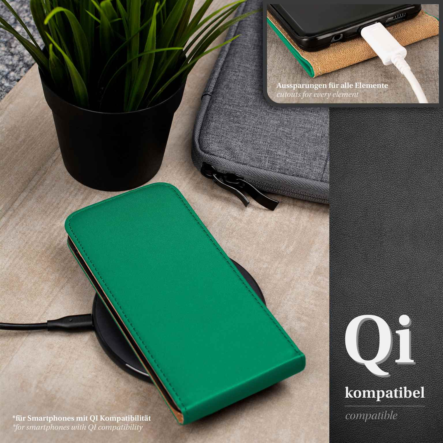 Eine grüne Handyhülle auf einem kabellosen Ladegerät. Ein kleiner Einsatz zeigt ein Telefon, das geladen wird.
