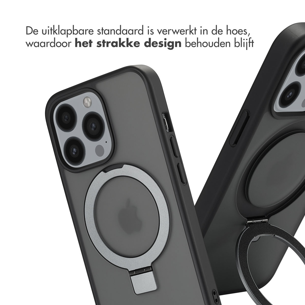 Twee telefoonhoesjes, één toont de achterkant, de andere schuin, met de ringstandaard.
