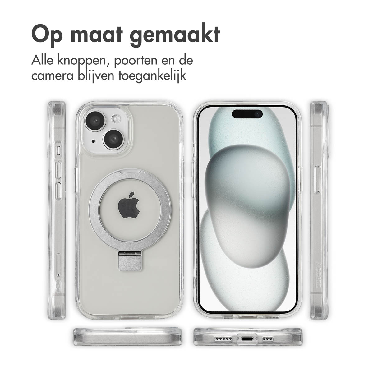 Multiple views of a clear phone case with a silver ring stand, around an iPhone.