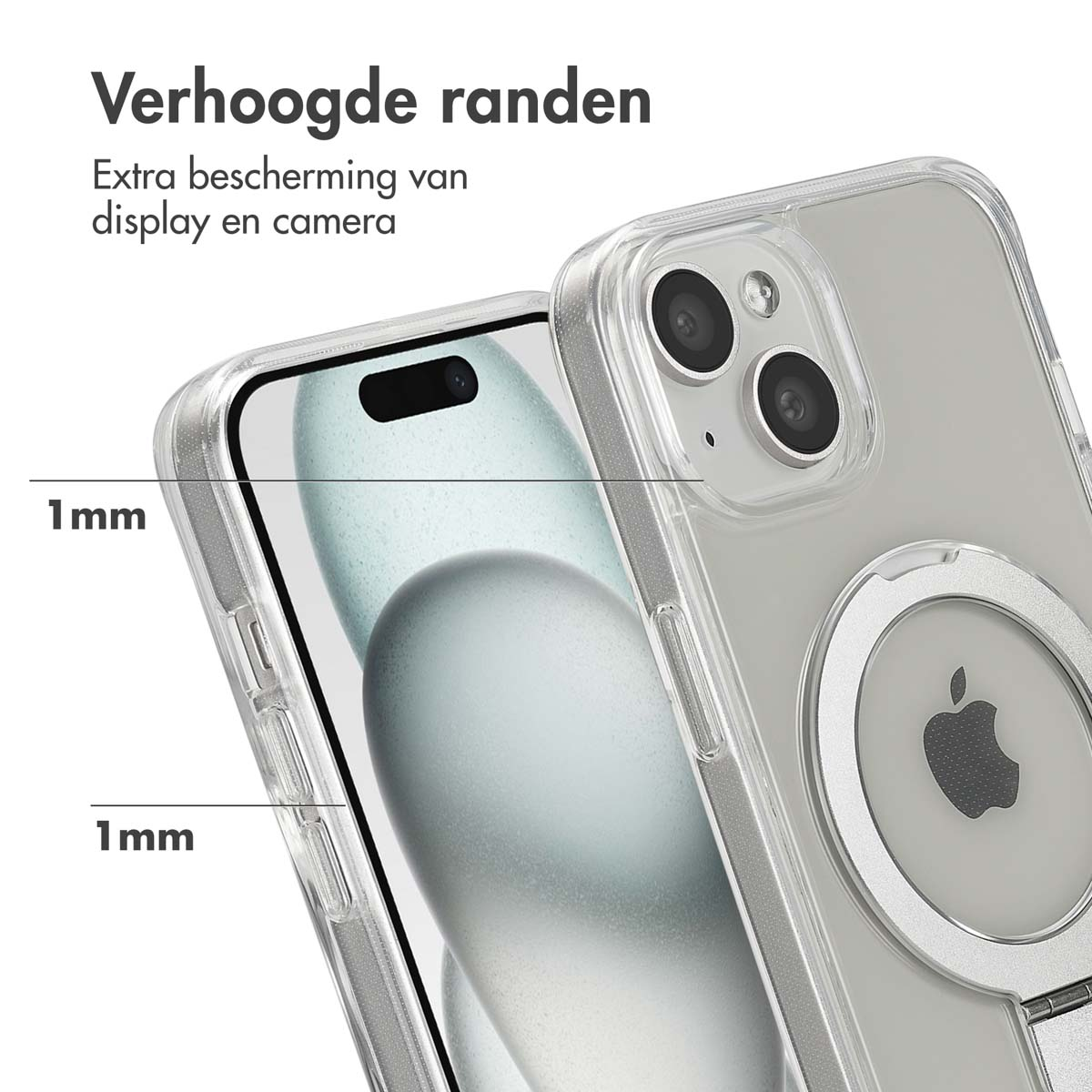 Phone case with raised edges around display. Text shows extra protection. Clear case with a silver ring.