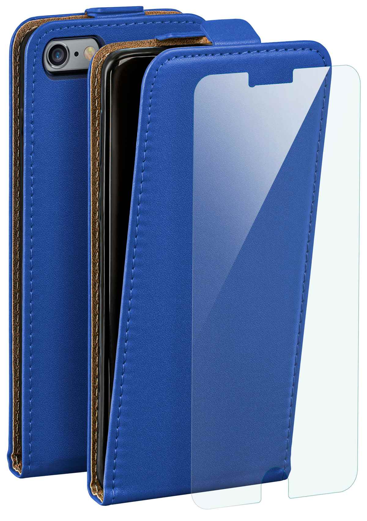 Blaue Handyhülle mit Displayschutz. Das Telefon ist innen. Braune Zierleisten und Nähte sind sichtbar.