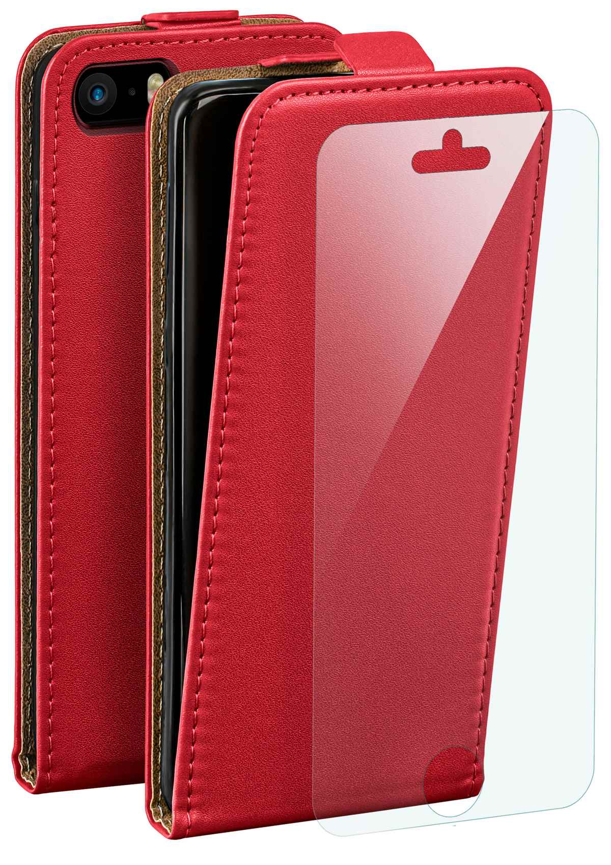 Rote Leder-Handyhülle mit Telefon und Displayschutz. Die Hülle ist offen, der Schutz klar.