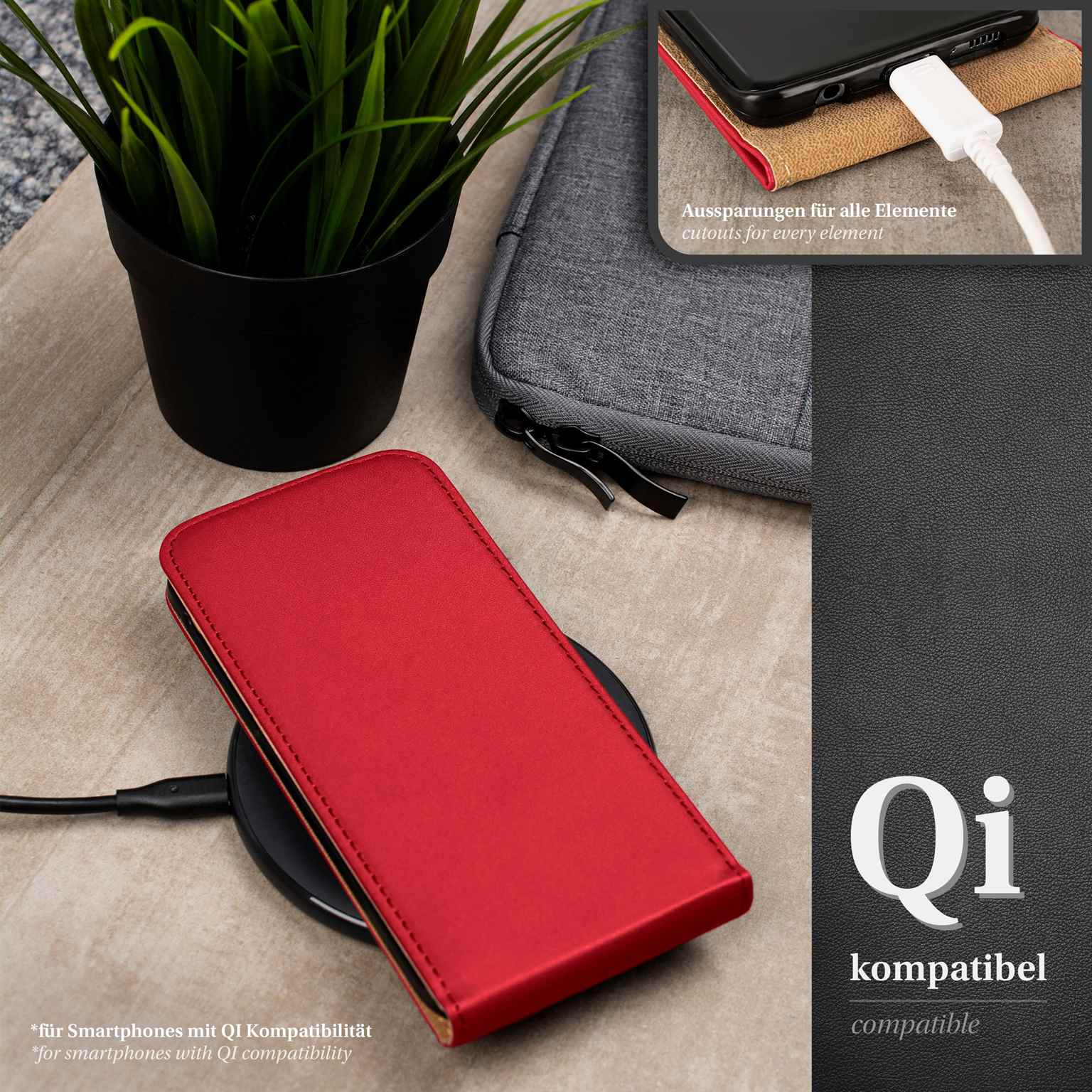 Rote Handyhülle auf Qi-Ladegerät, Topfpflanze. Text: Qi kompatibel.
