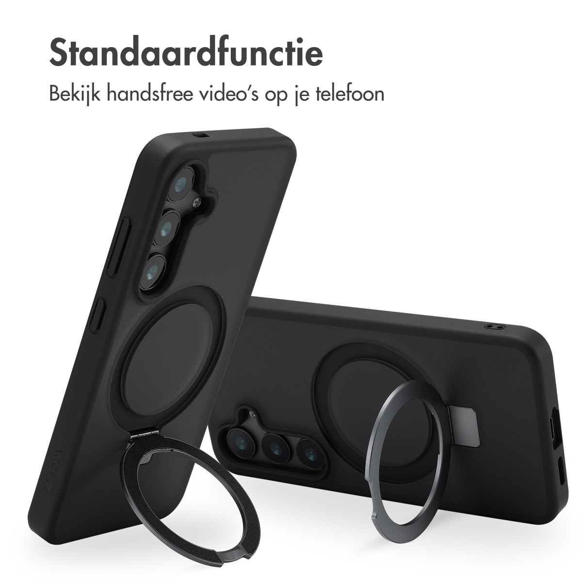 Zwarte telefoonhoesjes met ringhouders. Eén heeft een ring omhoog. Bovenstaande tekst zegt 'handsfree video's'.