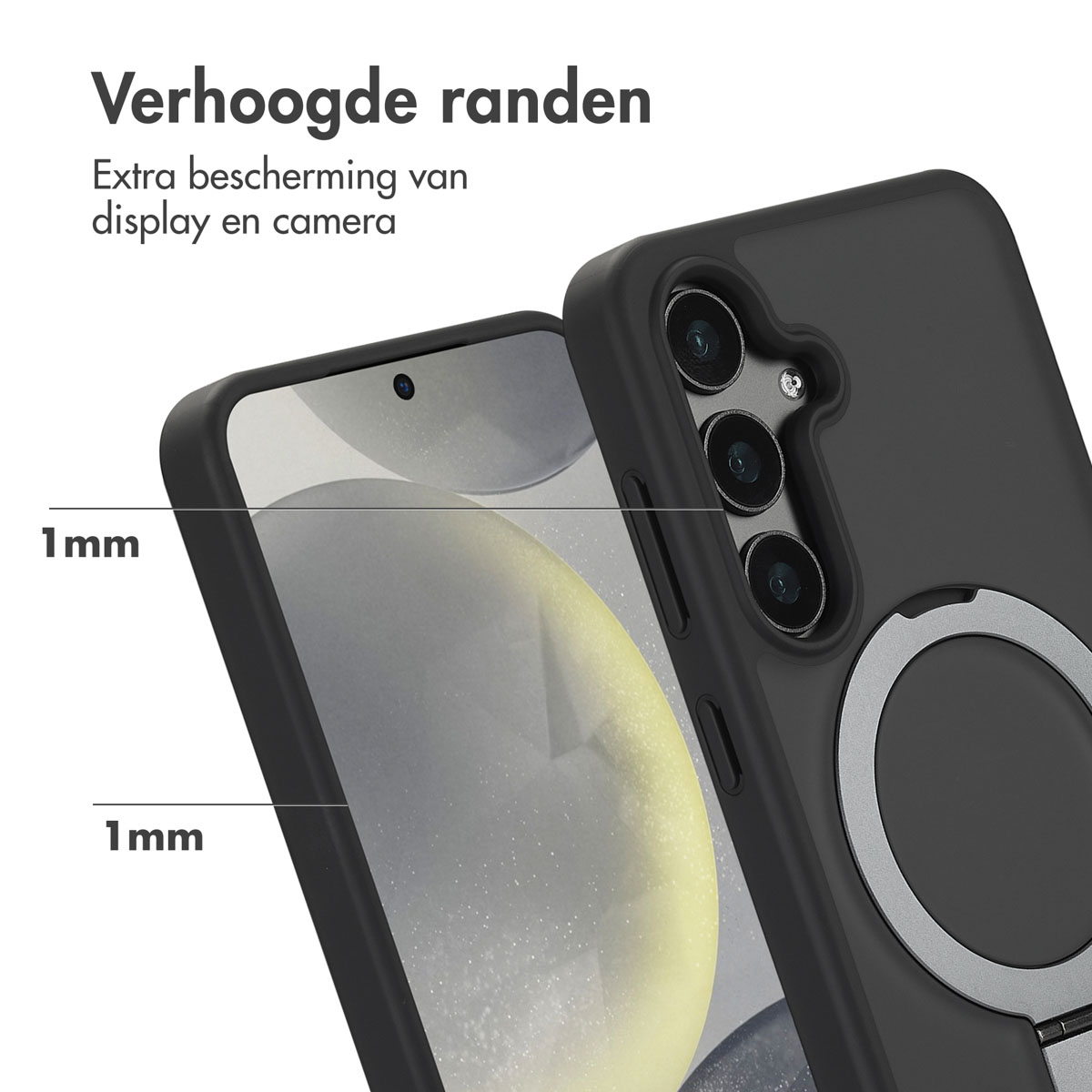 Telefoonhoes met een zwarte telefoon erin. De hoes heeft verhoogde randen rond het scherm.