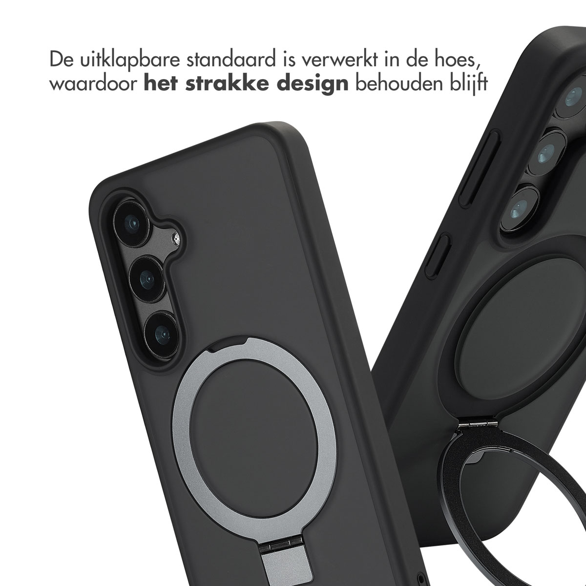 Twee zwarte telefoonhoesjes, één met een open ringstandaard.