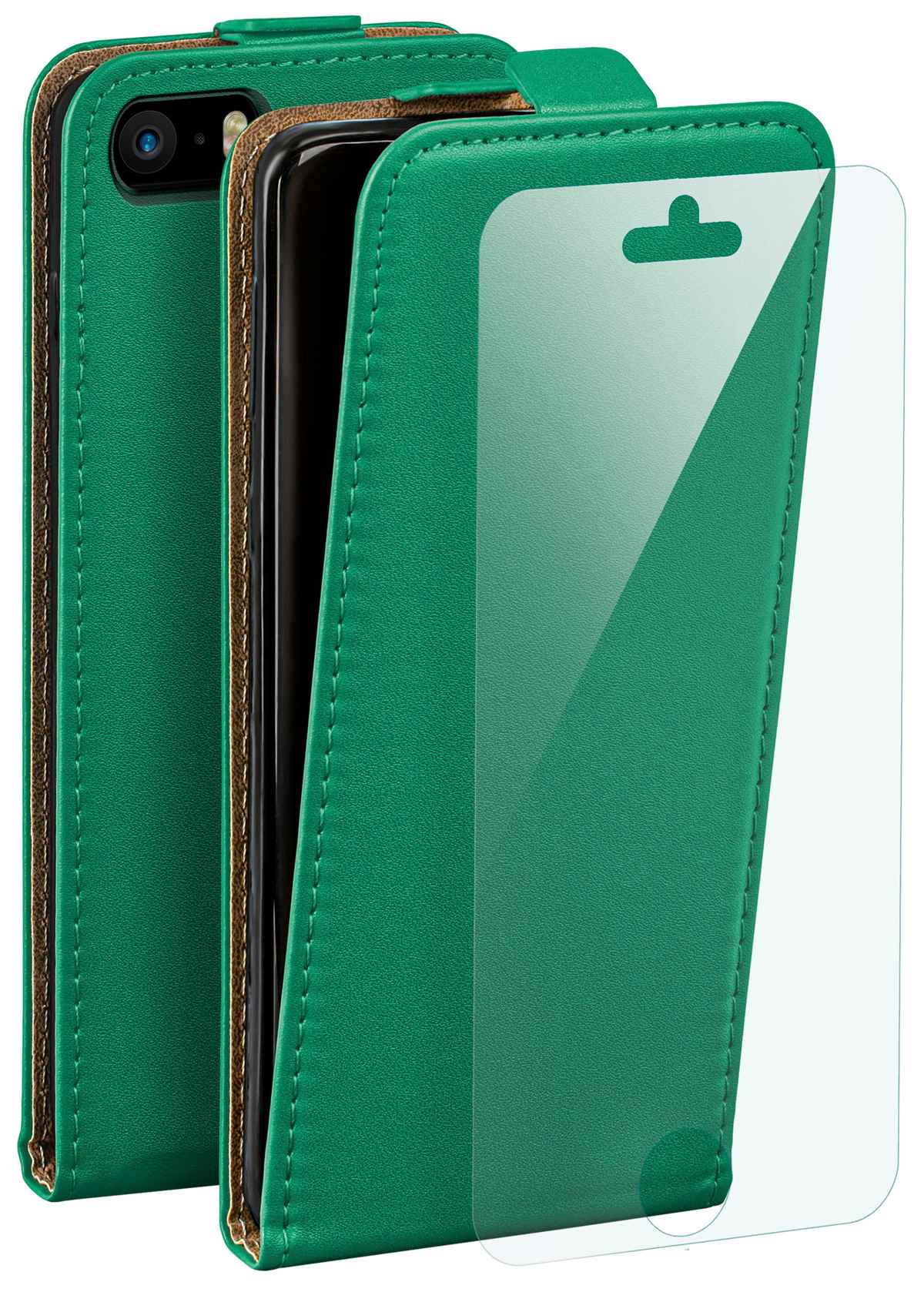 Grüne Leder-Handyhülle mit Telefon und klarer Displayschutzfolie.