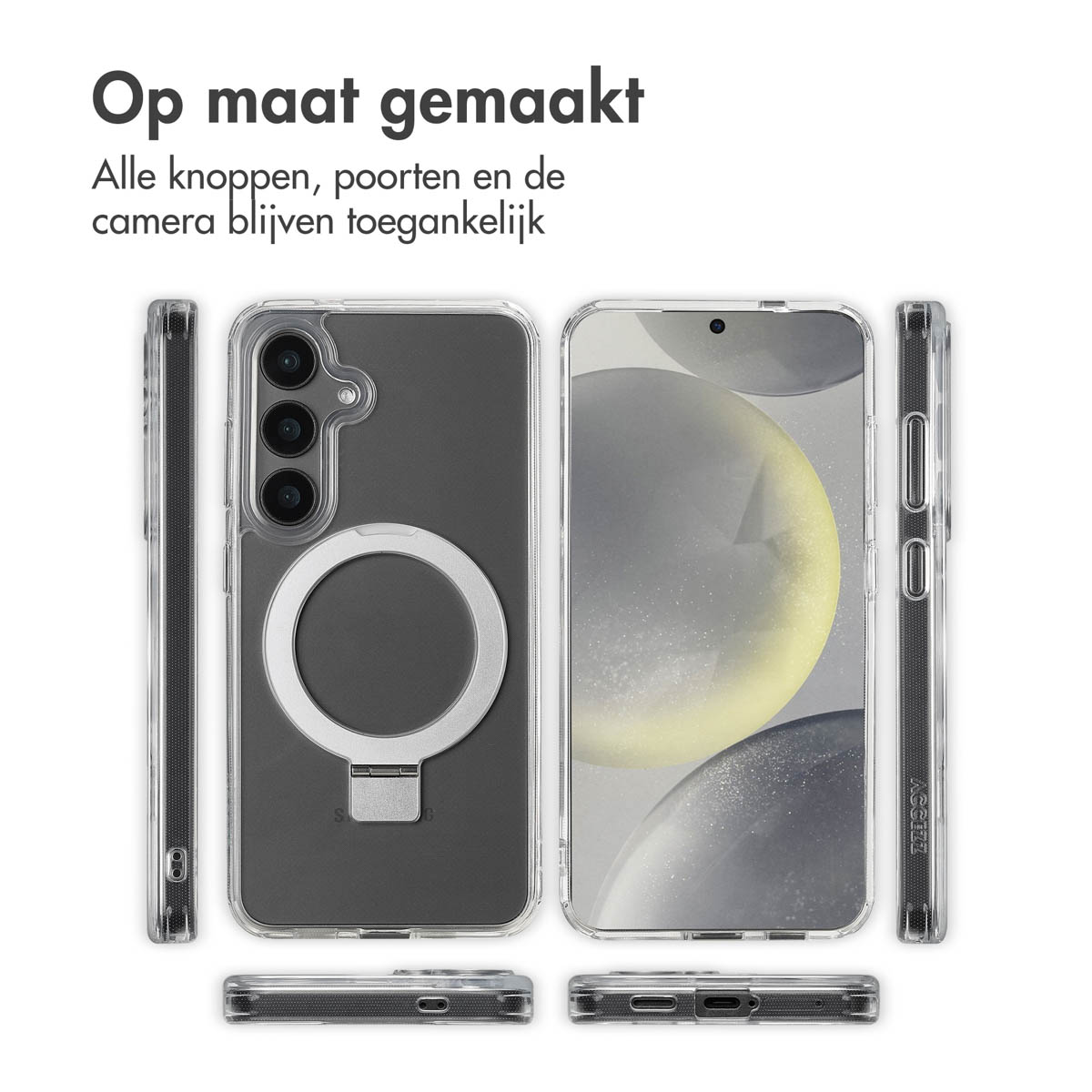 Transparante telefoonhoes met een zilveren ringhouder, en verschillende weergaven die toegang tot knoppen en poorten tonen.