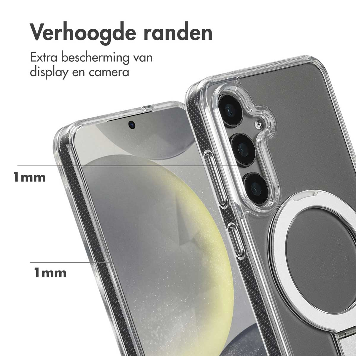 Een doorzichtige telefoonhoes beschermt het scherm en de camera van de telefoon. De hoes heeft verhoogde randen. Telefoondetails zichtbaar.
