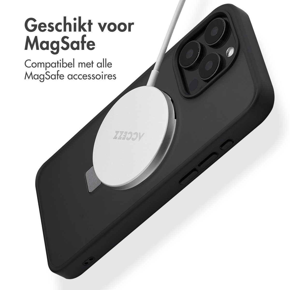 Schwarzes Telefon mit einem MagSafe-Ladegerät. Die Handyhülle ist schwarz.