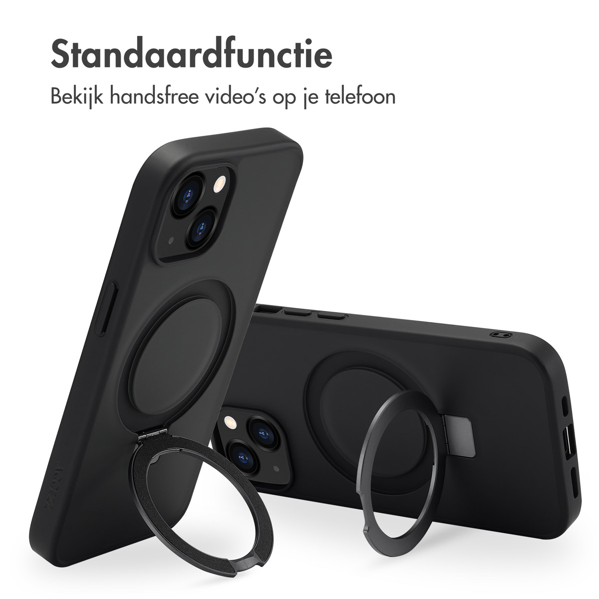 Deux étuis de téléphone noirs avec supports en anneau. L'un est ouvert, l'autre fermé. Fond blanc, une lumière au-dessus.