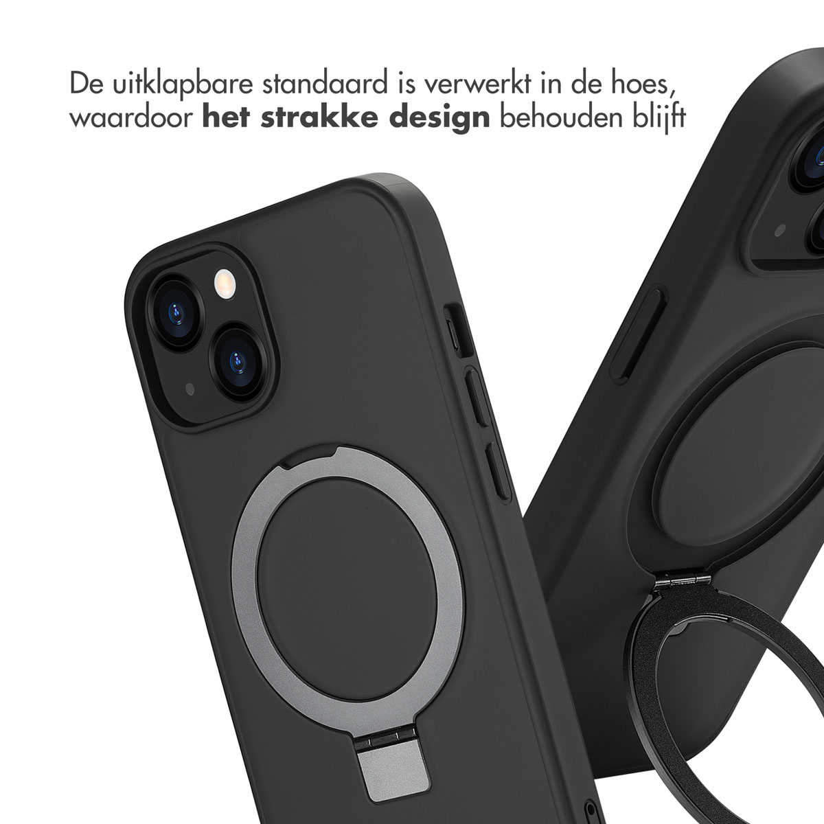 Étui de téléphone noir avec un support d'anneau. Le design est élégant et conserve le design du téléphone.