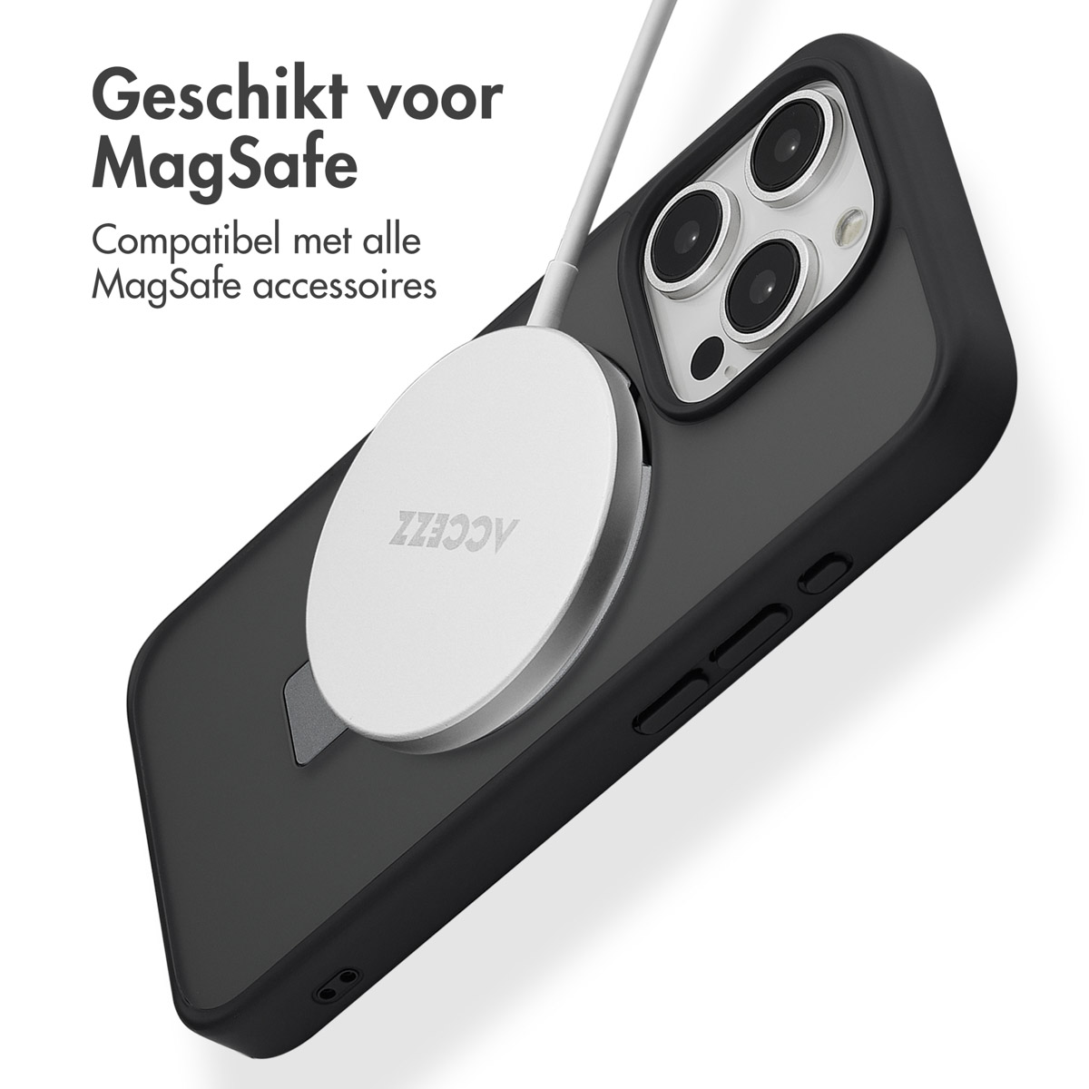 Coque de téléphone noire avec chargeur MagSafe blanc, téléphone avec caméra.