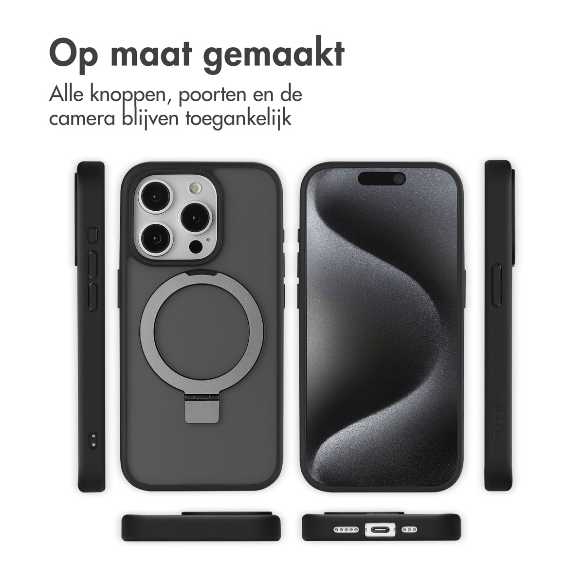 Coque de téléphone noire et accessoires. Différents angles montrent l'étui et ses fonctionnalités.