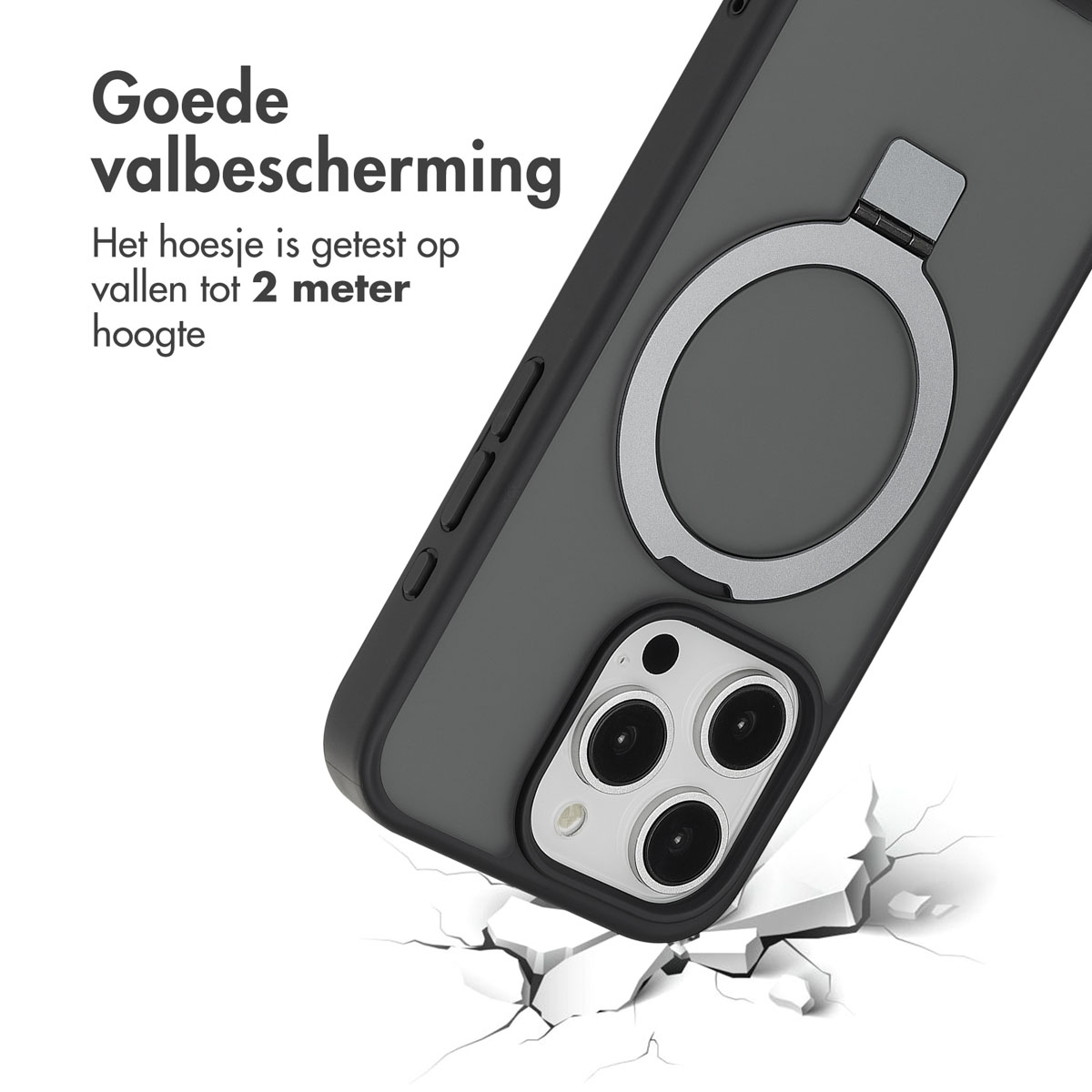 Une coque de téléphone avec un anneau à l'arrière, posée sur une surface fissurée.