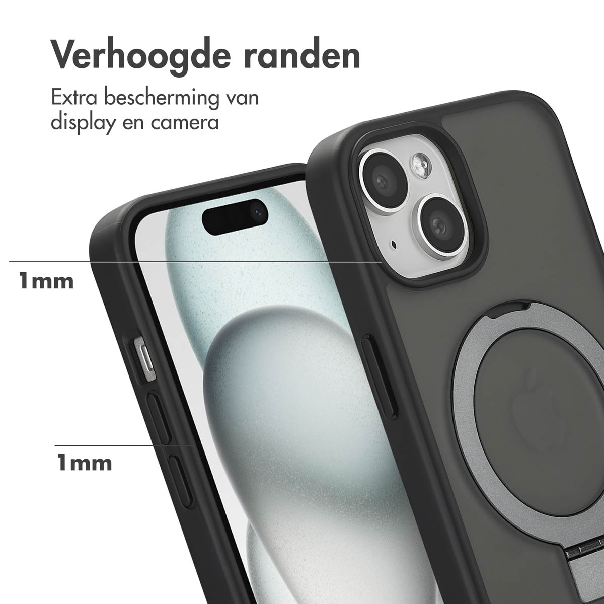 Gros plan d'une coque de téléphone noire, mettant en évidence les bords surélevés pour la protection de l'écran et de la caméra.