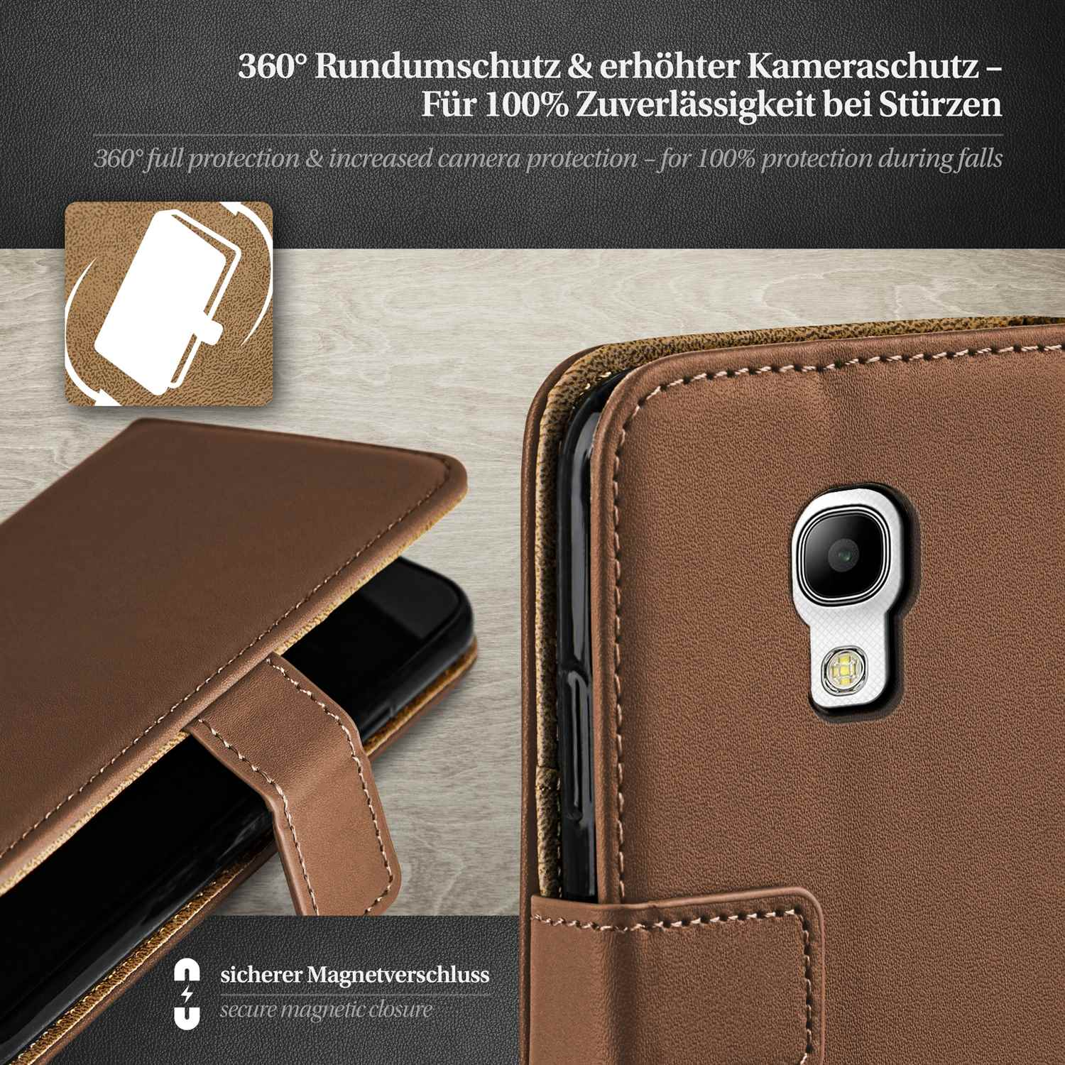 Braune Handyhülle mit Magnetverschluss. Zeigt das offene Etui, das ein schwarzes Telefon schützt.