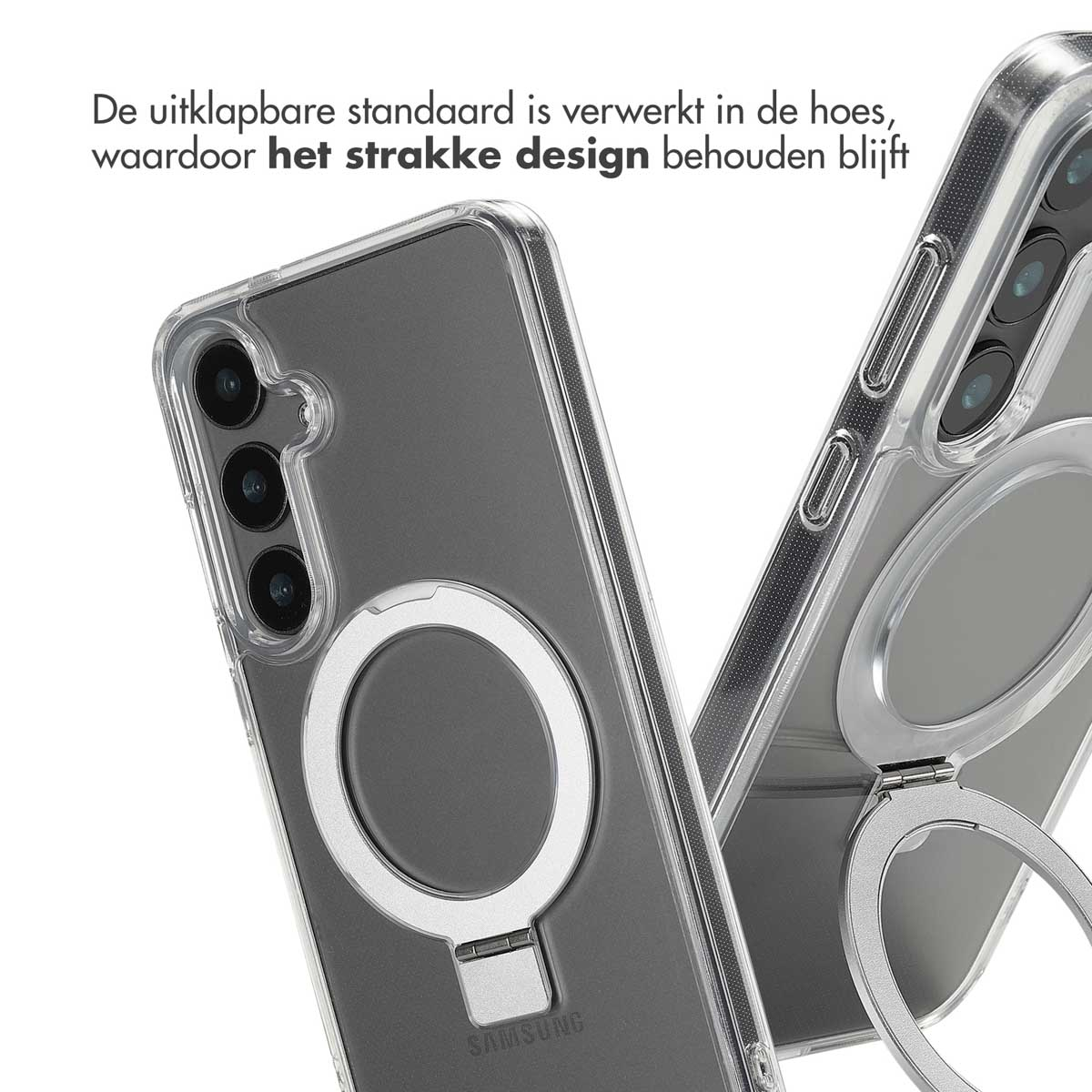 Una custodia per telefono con supporto ad anello. Il supporto è integrato nell'angolo, mantenendo il design elegante.