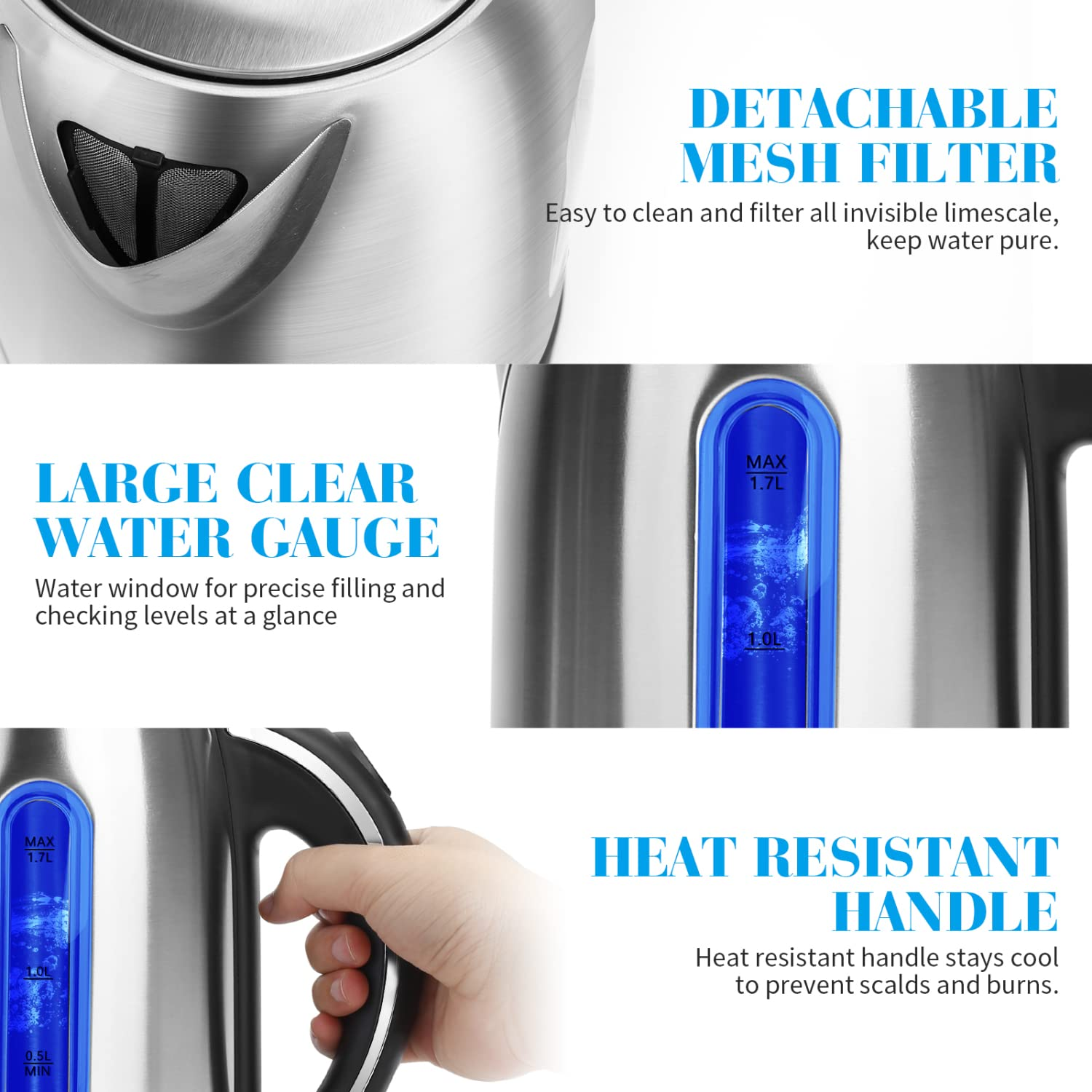 Nahaufnahme eines Wasserkochers mit blauem Wasserstand, Griff und Netzfilter.