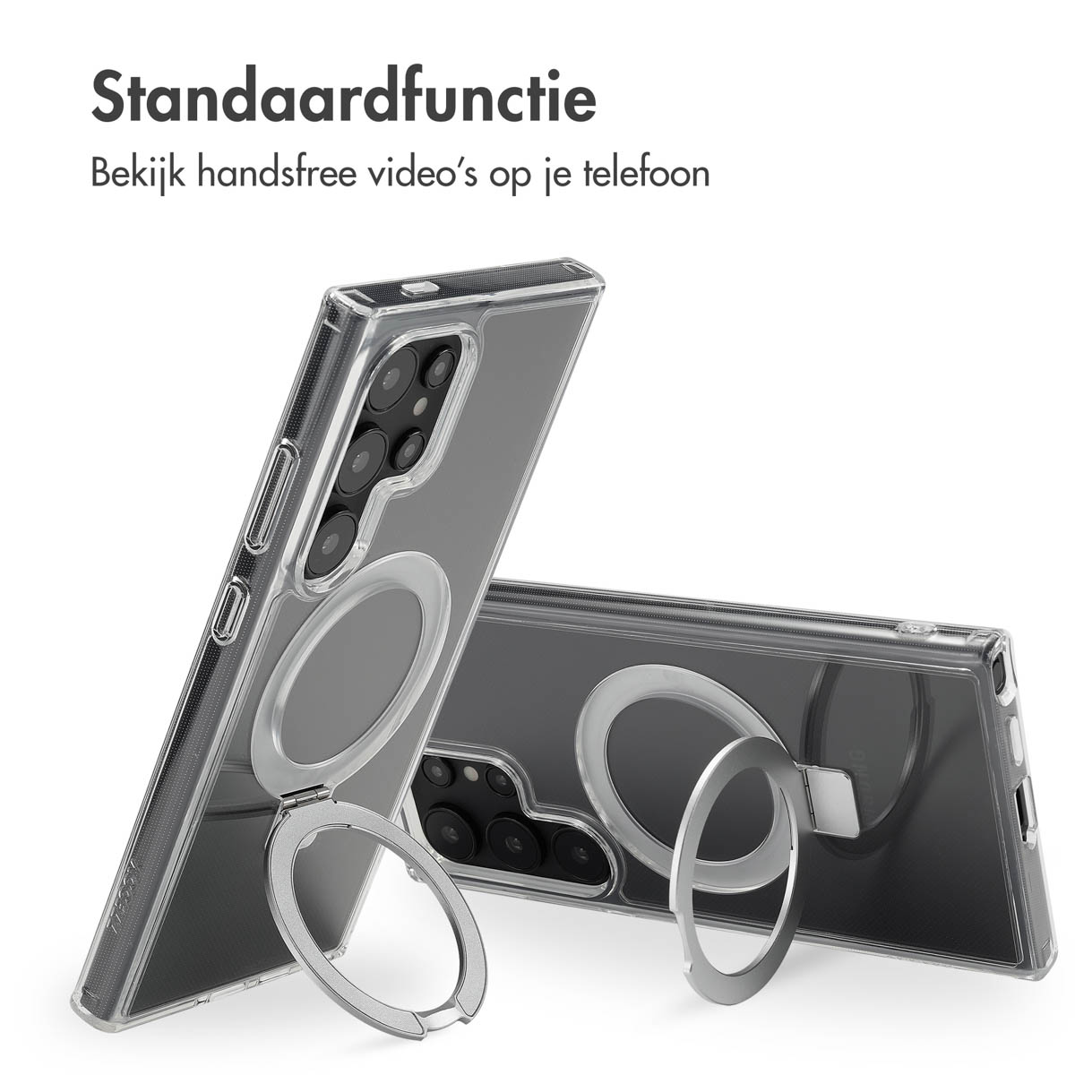 Twee telefoonhoesjes, een transparant, met een ringstandaard, op een witte ondergrond.