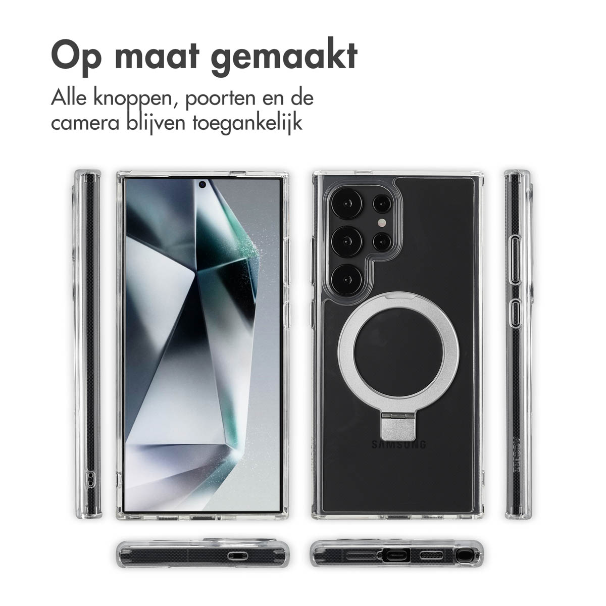 Een telefoon met een hoesje en meerdere weergaven, met de nadruk op het ontwerp en de functies. Inclusief voor-, achter- en zijaanzichten.