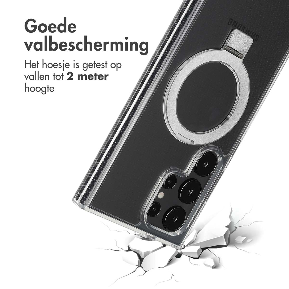 Transparante telefoonhoes met ring. De telefoon is kapot, scheuren op de grond.