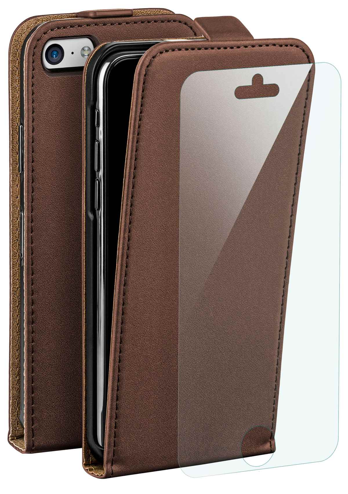 Braune Handyhülle mit offenem Deckel, Displayschutz und Telefon im Inneren.