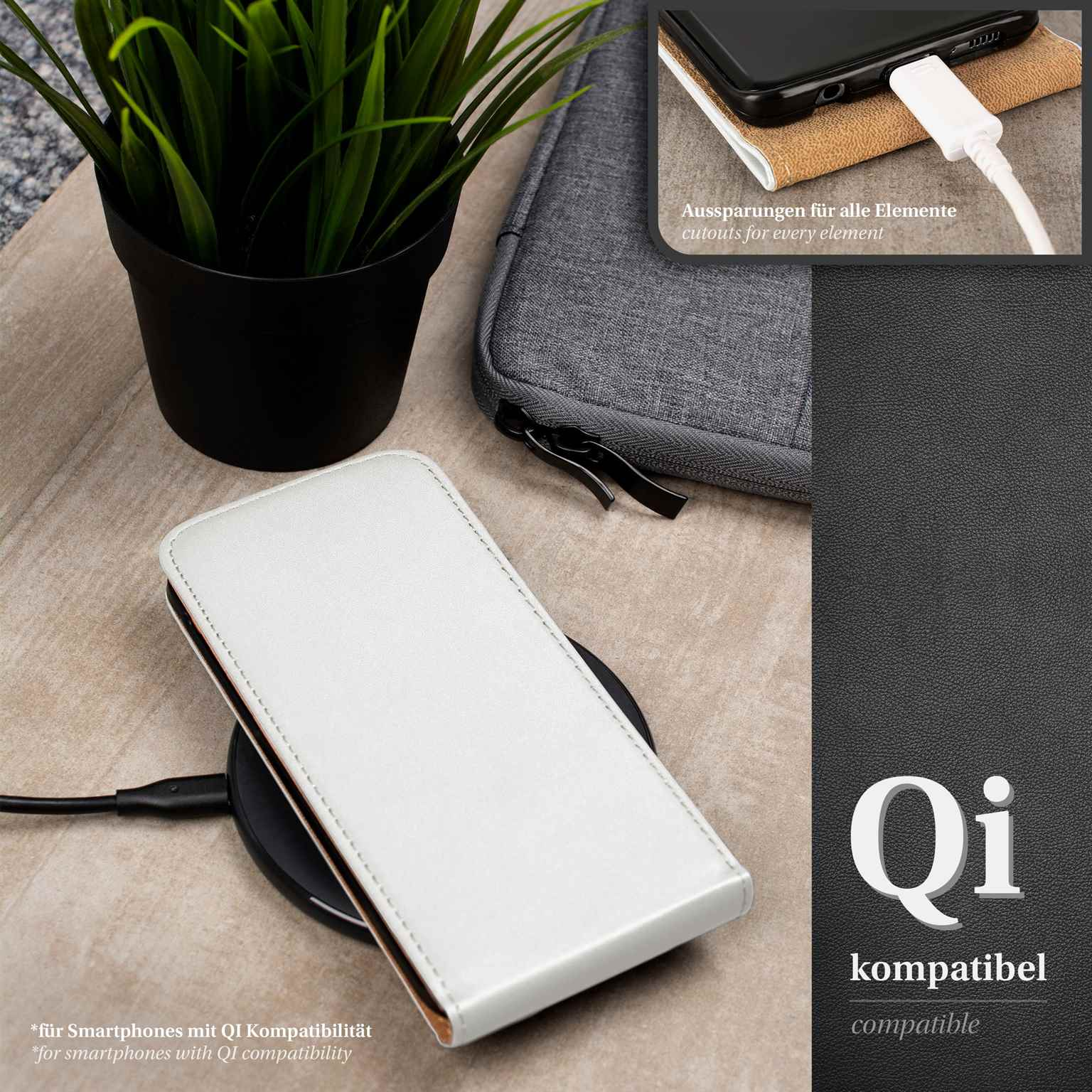 Weißes Handycase auf kabellosem Ladegerät, mit schwarzem Topf und Text.