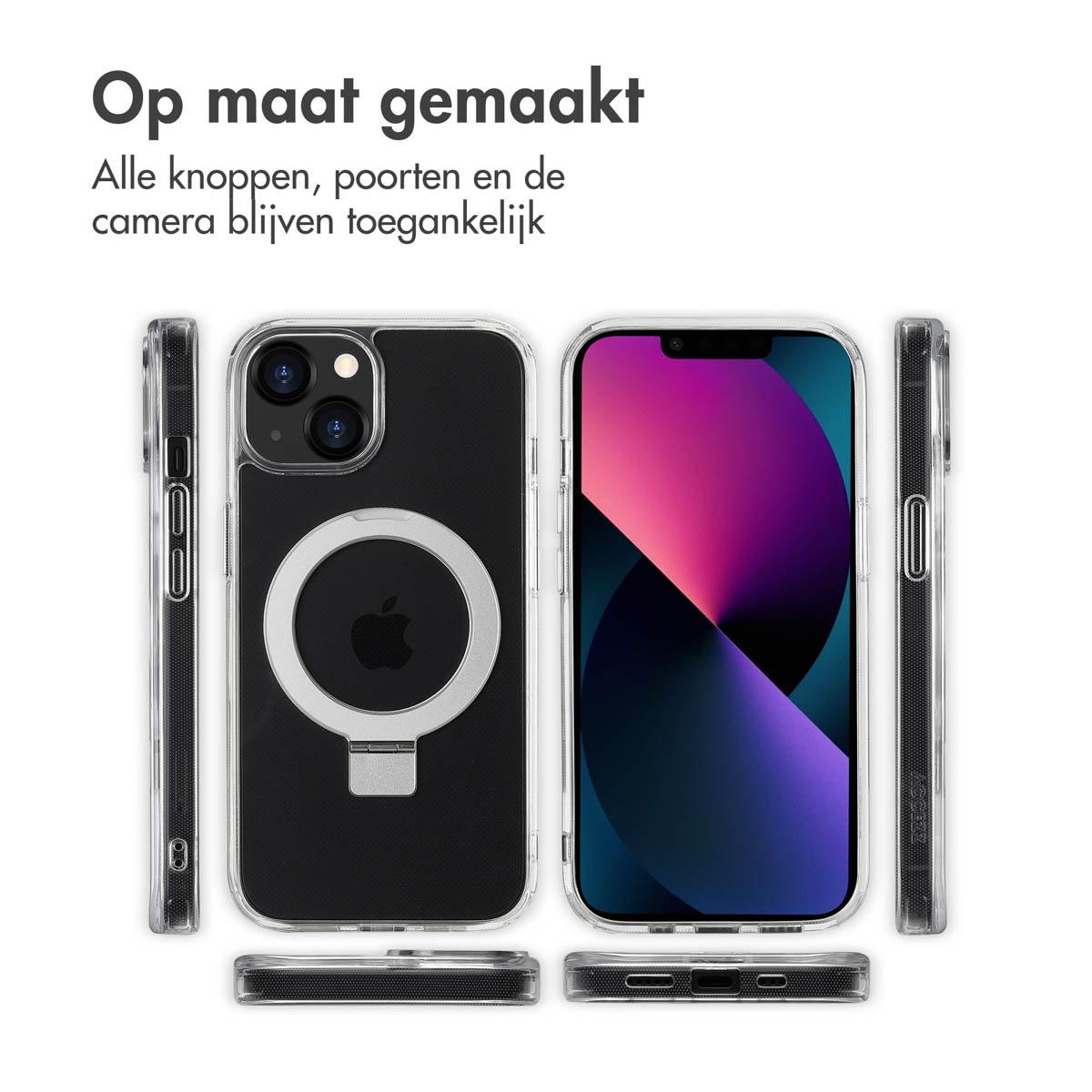 Coque de téléphone avec plusieurs vues, tous les boutons, ports et appareil photo sont ouverts.