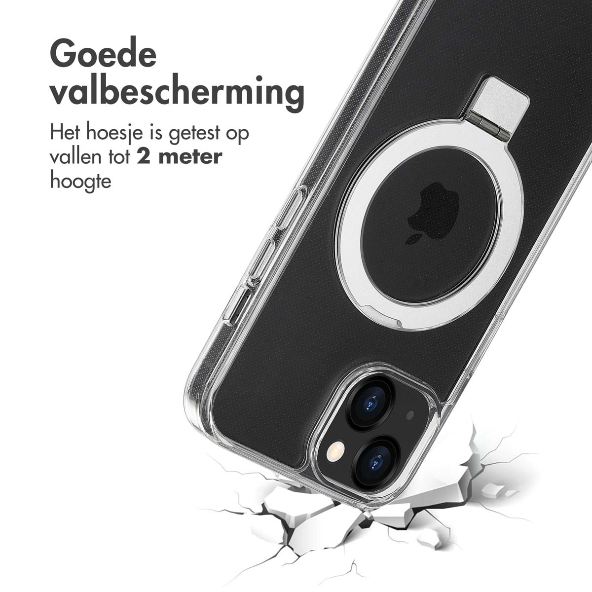 Coque transparente avec téléphone, tombant sur une surface. Texte : bonne protection, testé à 2 mètres.