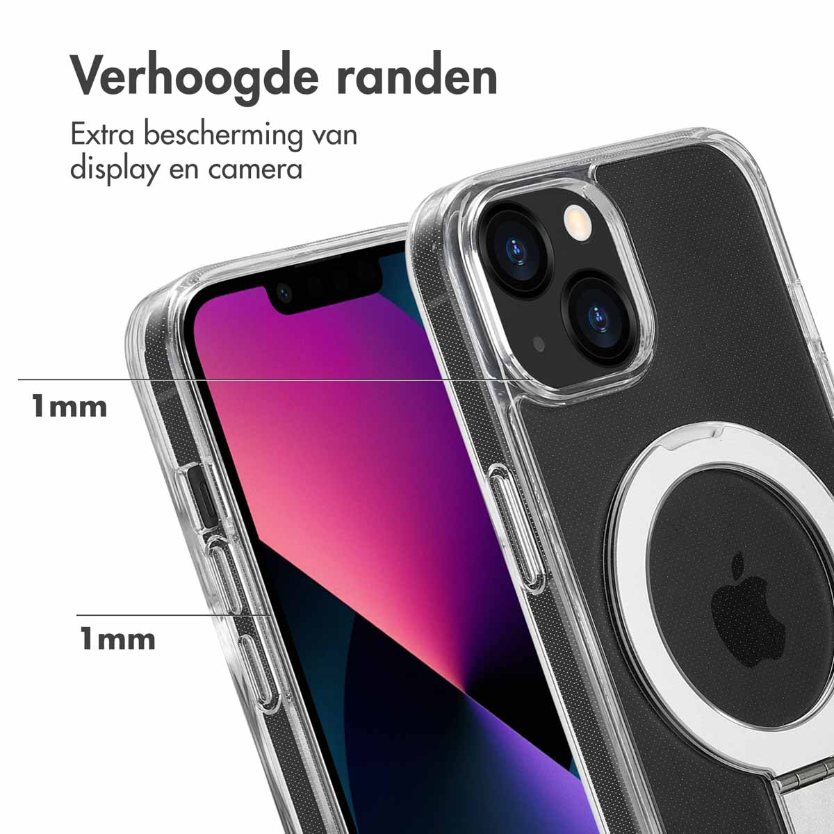 Une coque transparente sur un téléphone. La coque a des bords surélevés autour de l'écran et de la caméra.