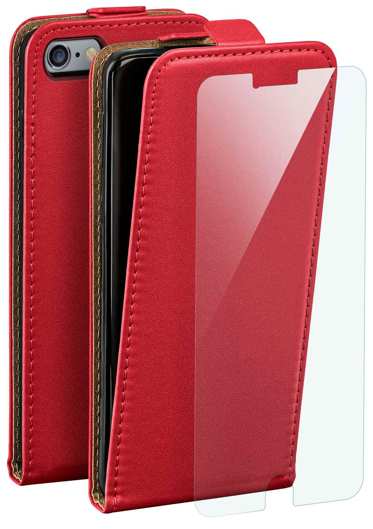 Rote Handyhülle mit Telefon und Displayschutz. Die Hülle ist geöffnet.