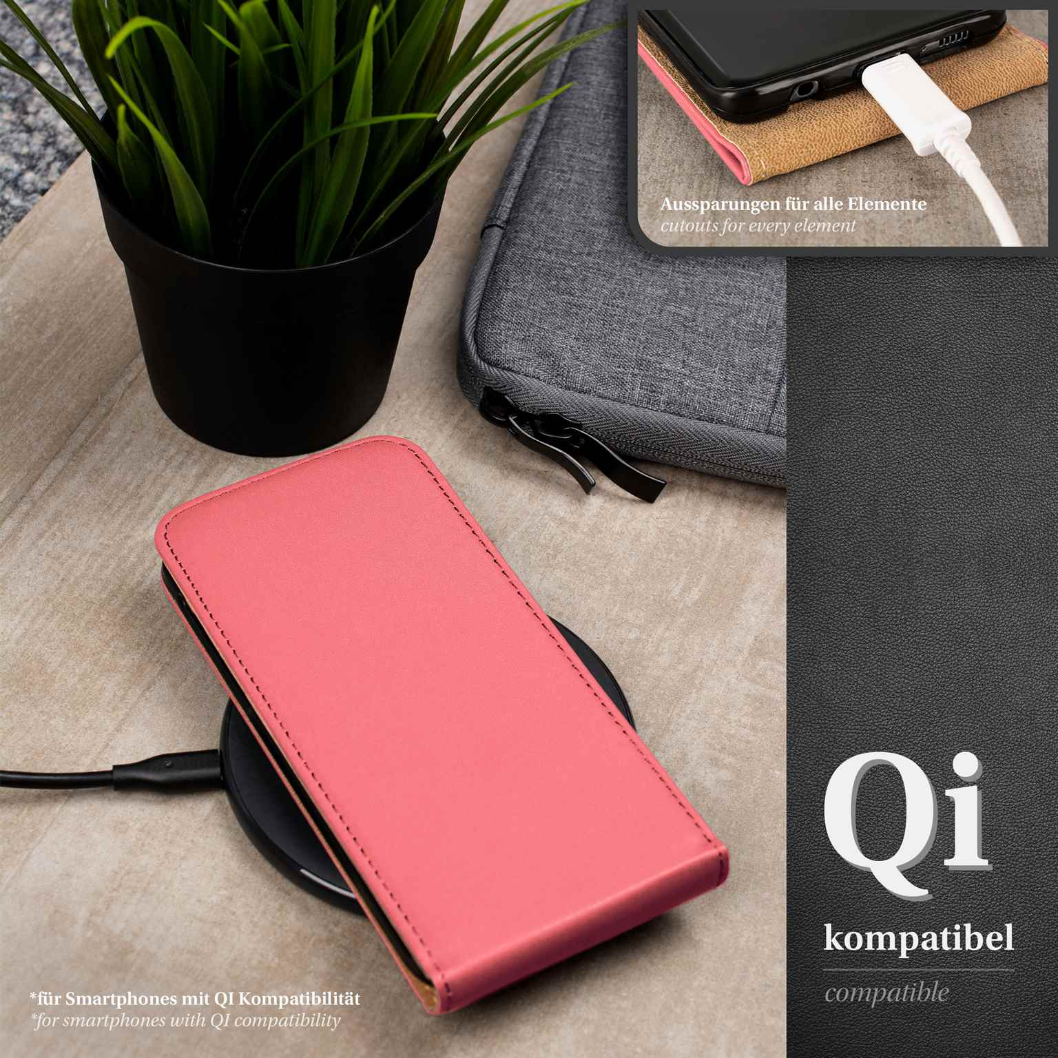 Eine pinke Handyhülle auf einem Ladepad, mit einem ladenden Telefon. Eine Hülle und Kabel im Hintergrund.