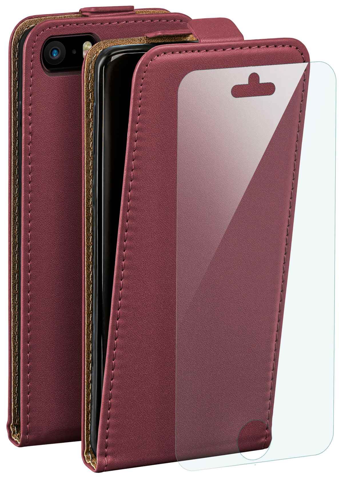 Burgunderrote Leder-Handyhülle offen, mit Handy und Displayschutzfolie daneben.