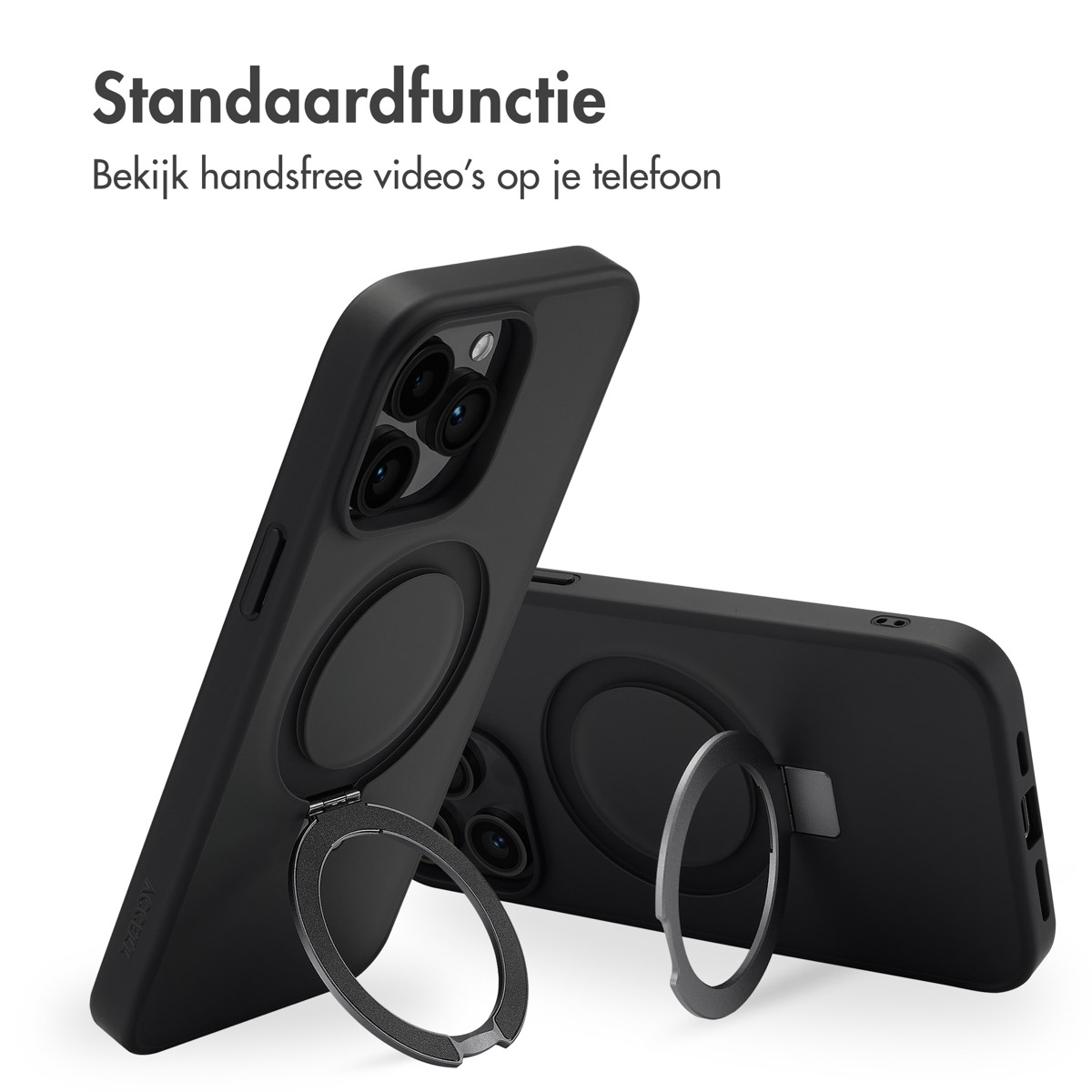 Zwarte telefoons met ringstandaards, tekst over handsfree video.