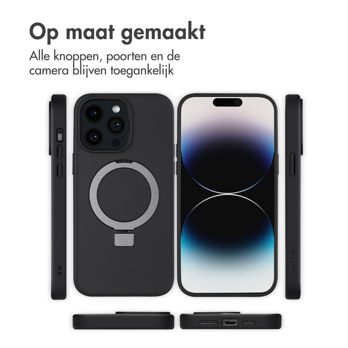 Een zwarte telefoonhoes met een ringhouder, die verschillende hoeken laat zien.