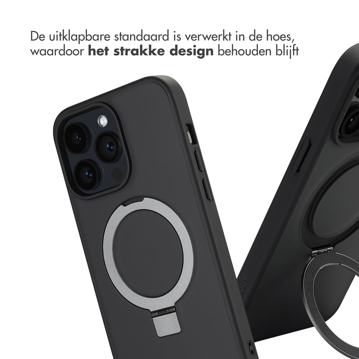Zwarte telefoonhoesjes met een ringhouder. Eén hoesje is open en onthult de binnenkant.