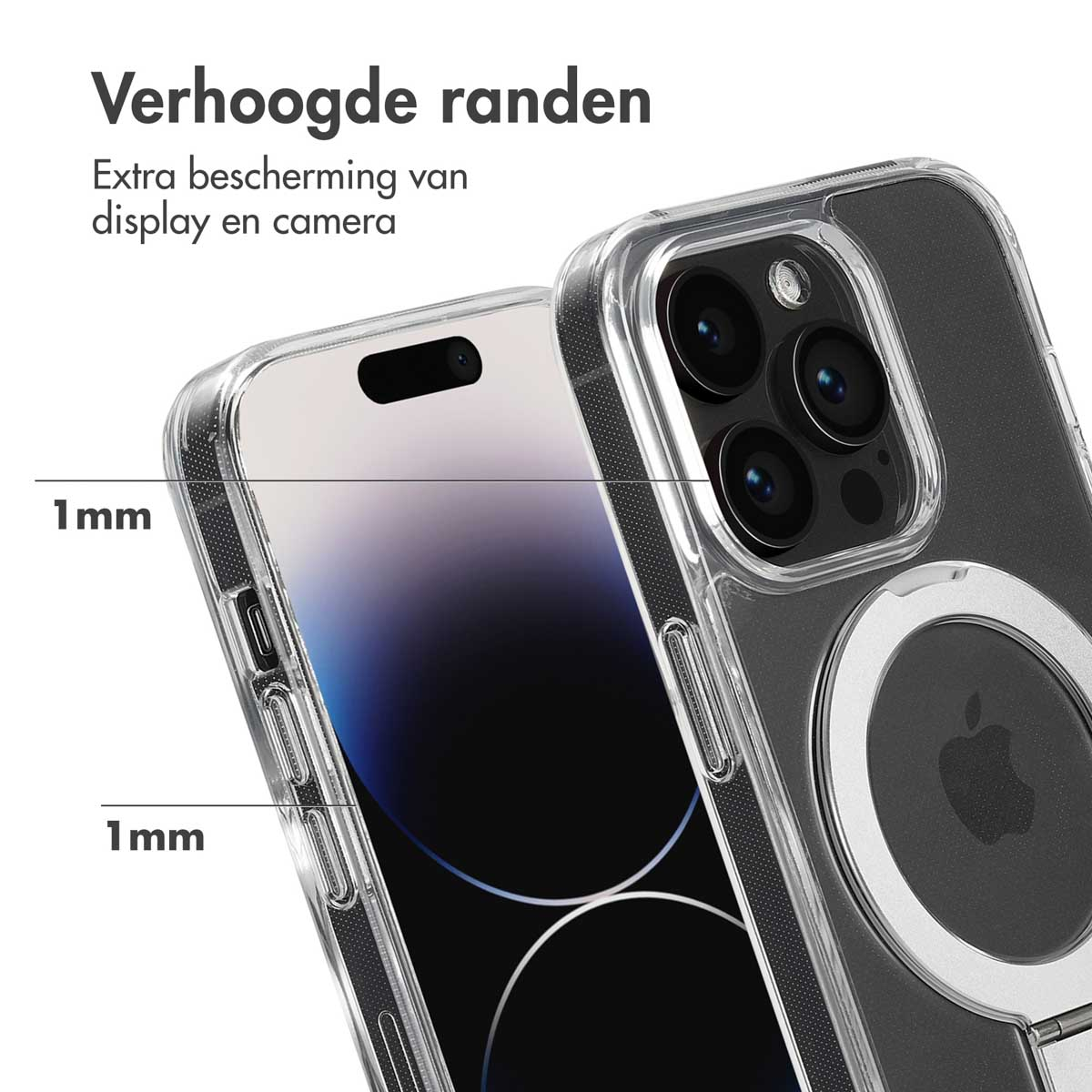Custodia per telefono con retro trasparente. Mostra bordi rialzati di 1 mm. Testo: Protezione extra del display e della fotocamera.