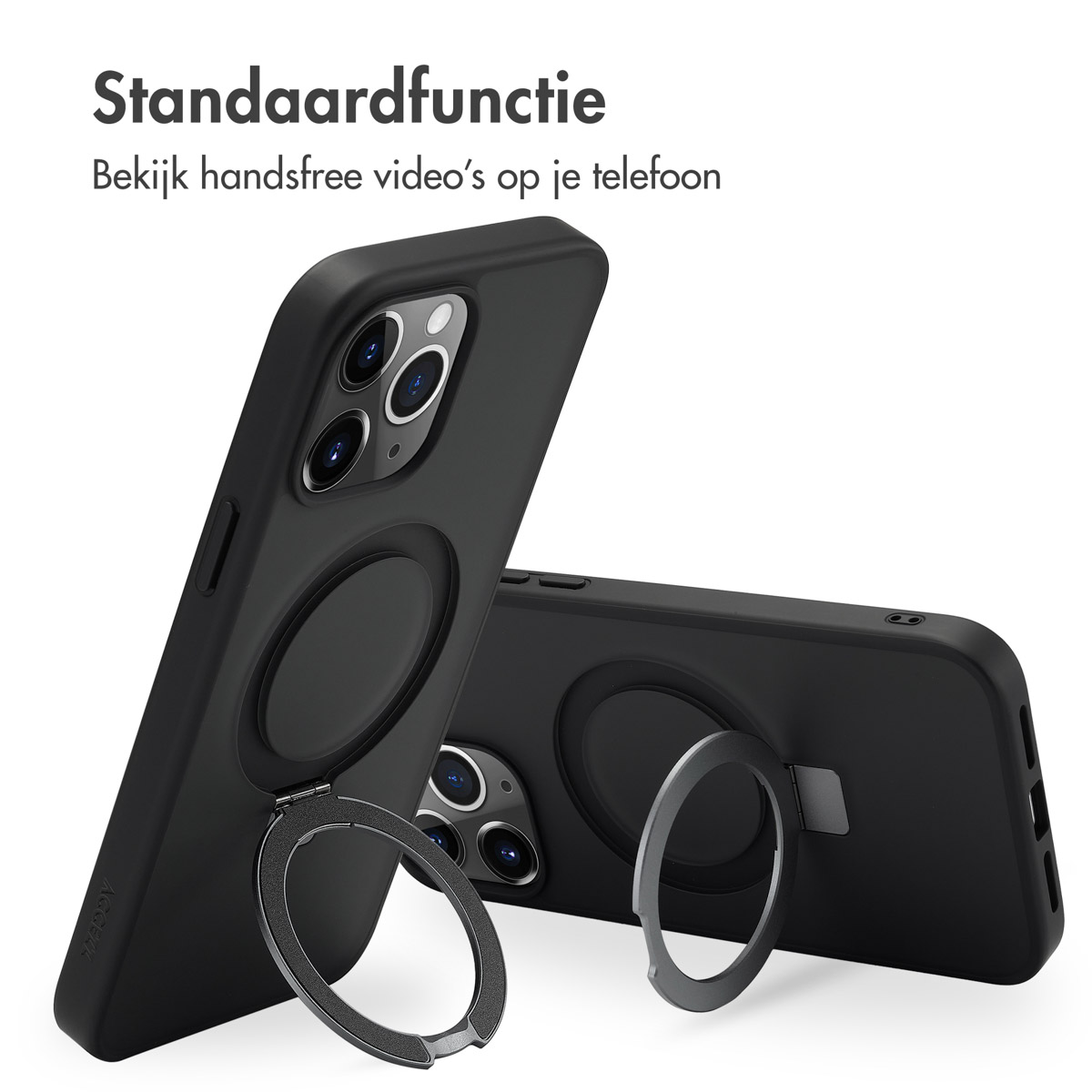 Zwarte telefoonhoesjes in een staande positie, met een ringstandaard.