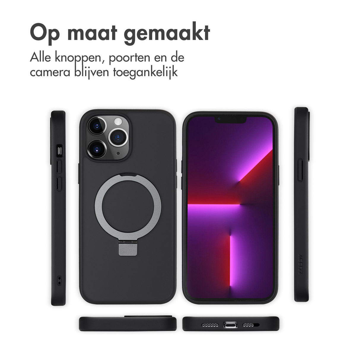 Zwarte telefoonhoes met MagSafe. Meerdere weergaven van de telefoonhoes. Witte achtergrond.