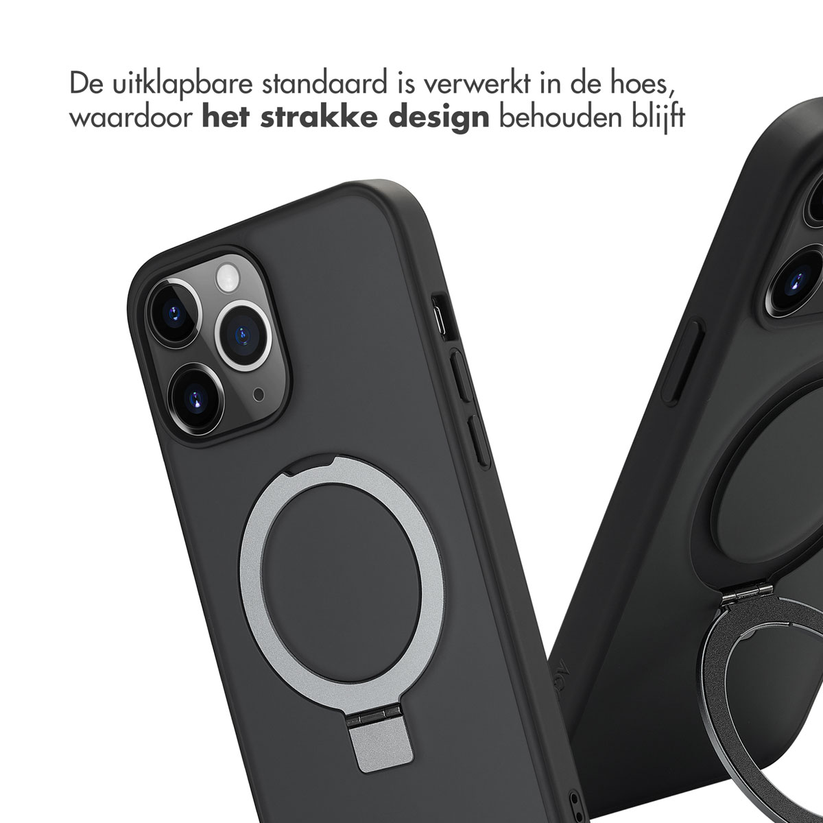 Zwarte telefoonhoesjes met ringstandaard. Eén hoesje open. Tekst: 'De uitklapbare'.