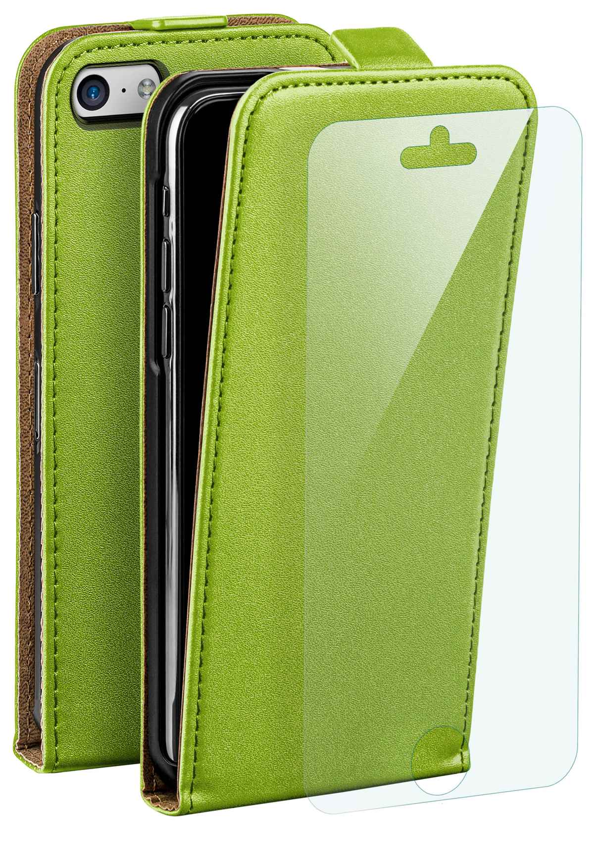 Grüne Handyhülle mit Telefon im Inneren. Displayschutz. Braune Verkleidung. Weißer Hintergrund.