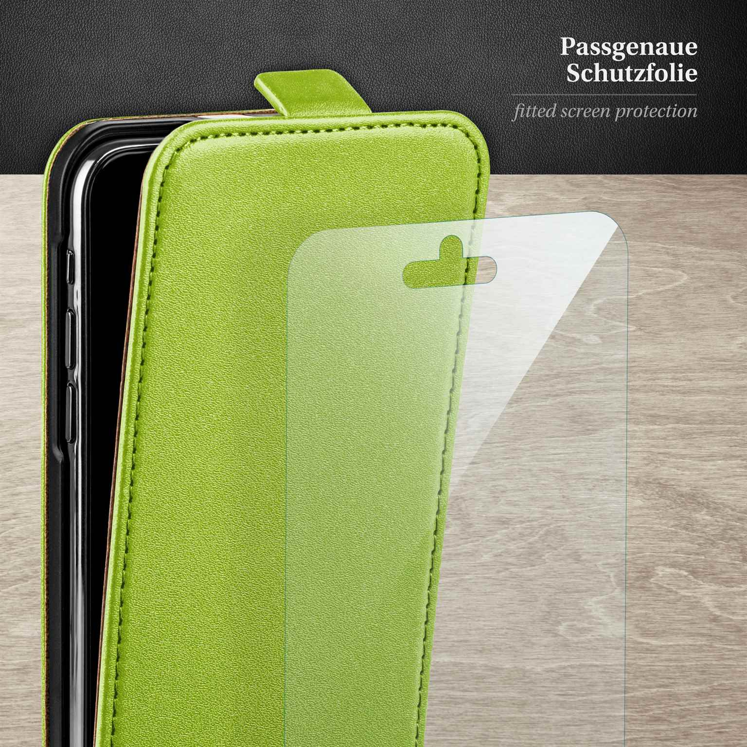 Grüne Handyhülle und Displayschutzfolie. Text: 'Passgenaue Schutzfolie'.