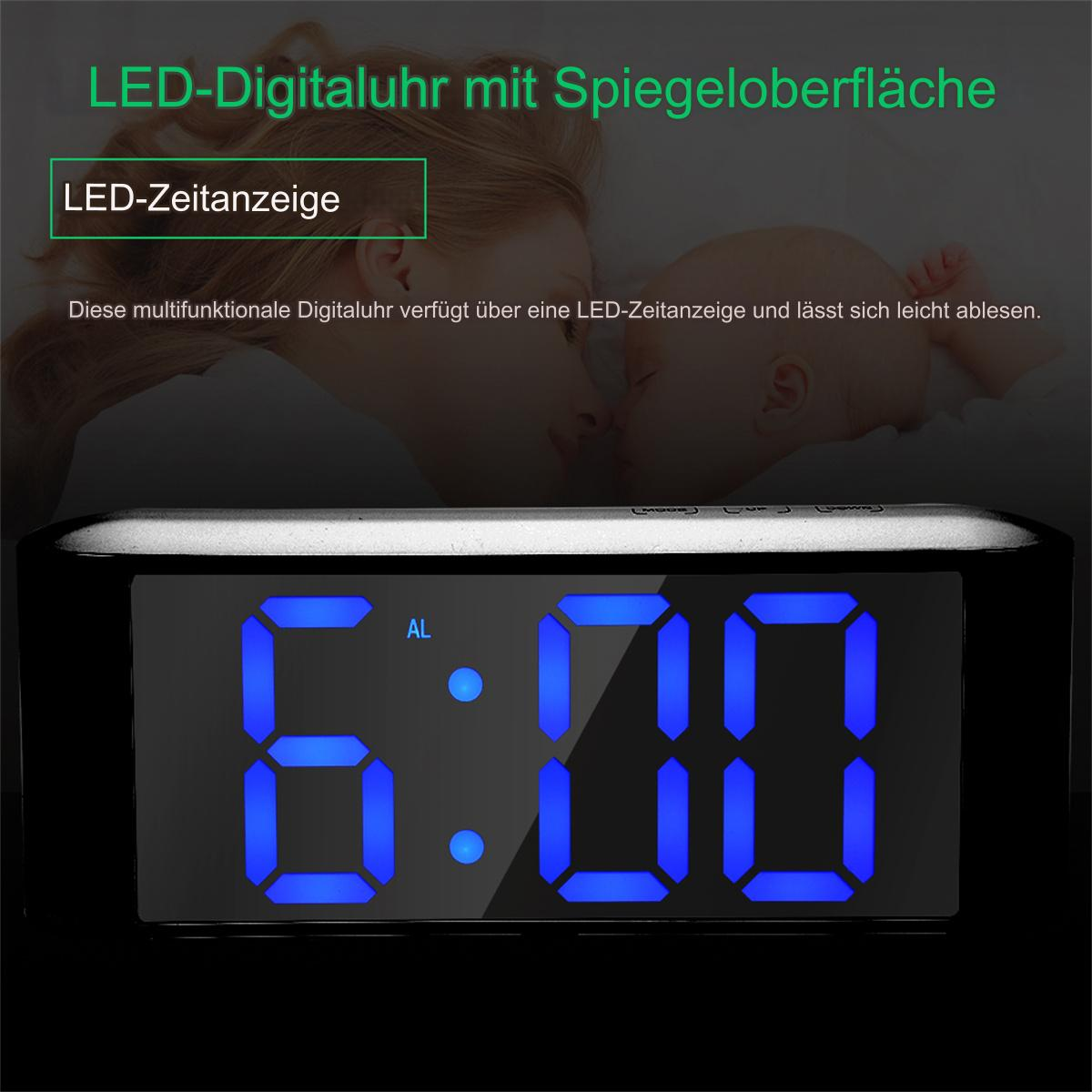 Digitaluhr, die die Zeit 6:00 anzeigt, mit einem schlafenden Baby und einer Frau. Text: multifunktionale Digitaluhr...
