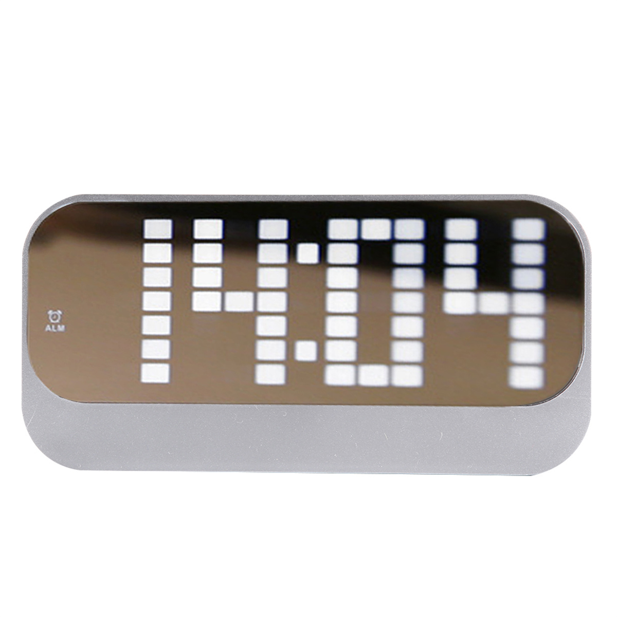 Eine rechteckige Digitaluhr zeigt 14:04 an. Sie hat einen grauen Rahmen und die Zeit ist weiß.