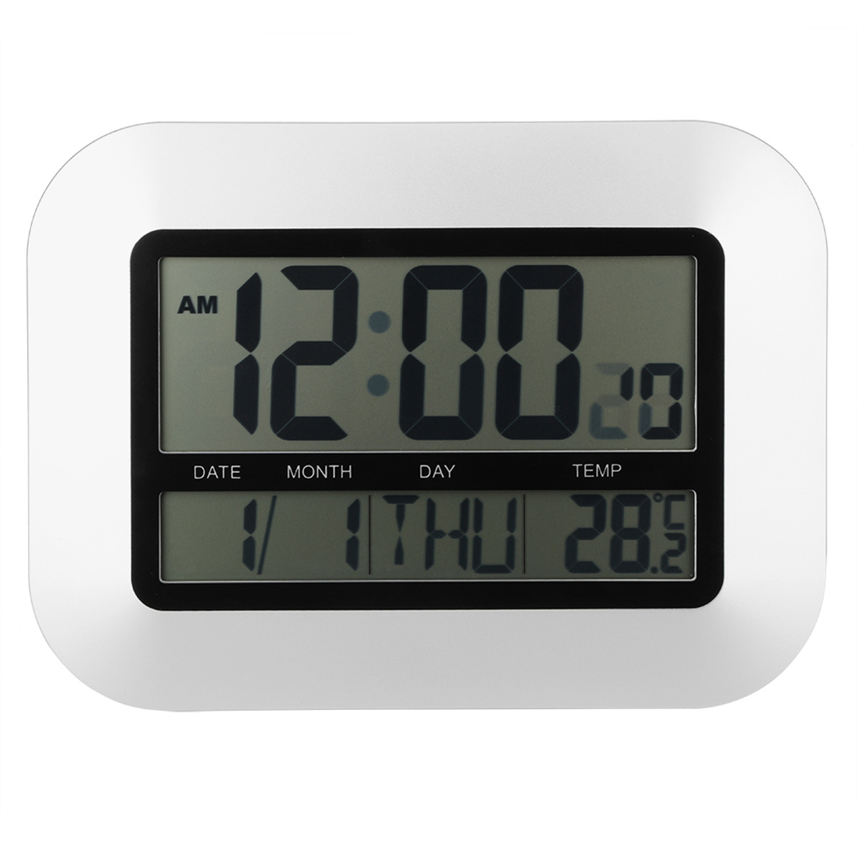 Digitaluhr mit Anzeige 12:00 AM, Datum, Tag und Temperatur. Sie hat einen weißen Rahmen.